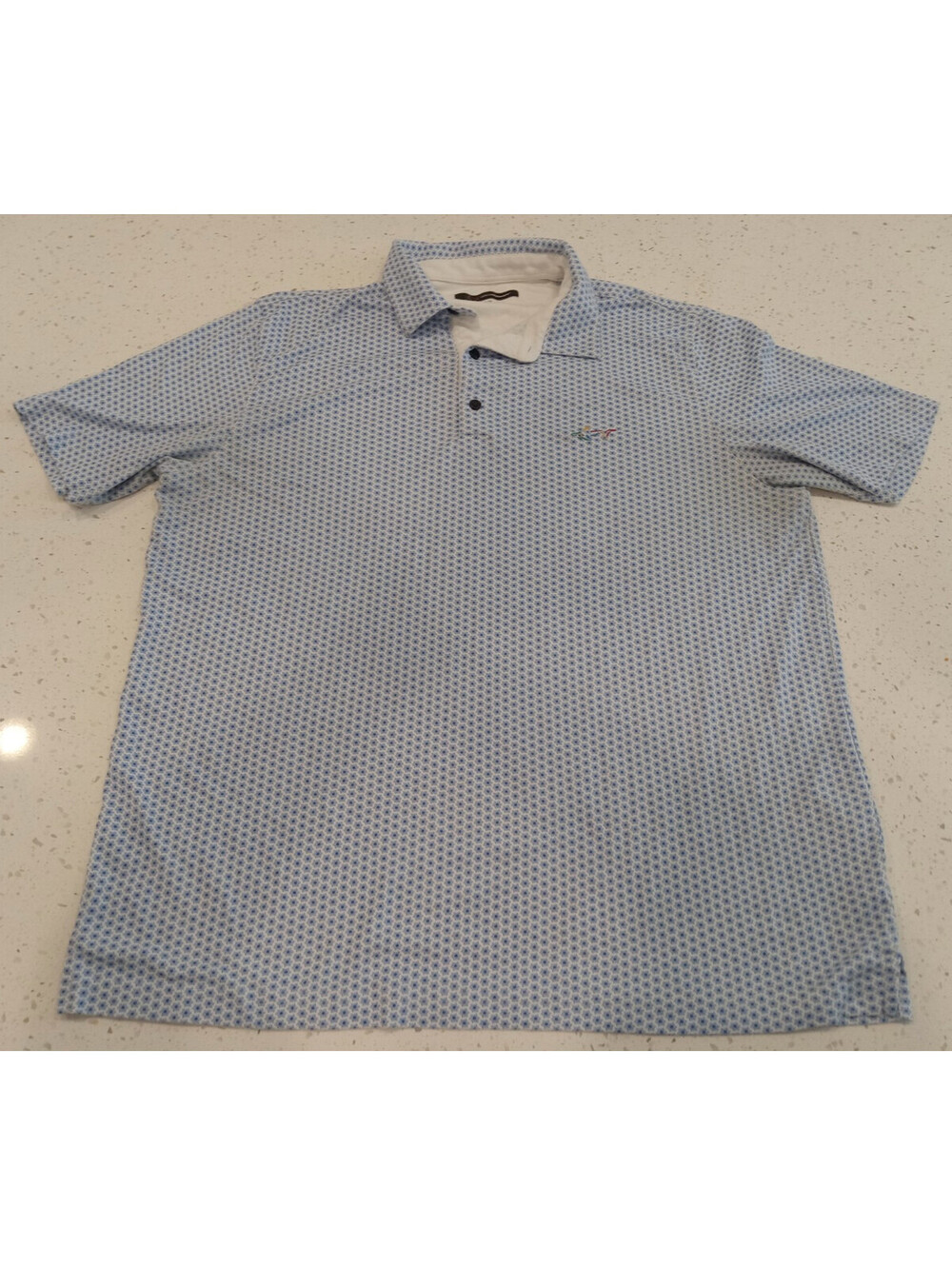 Greg Norman Polo Shirt Mens XL Blue White Geometric Pattern Shark Logo Golf XL